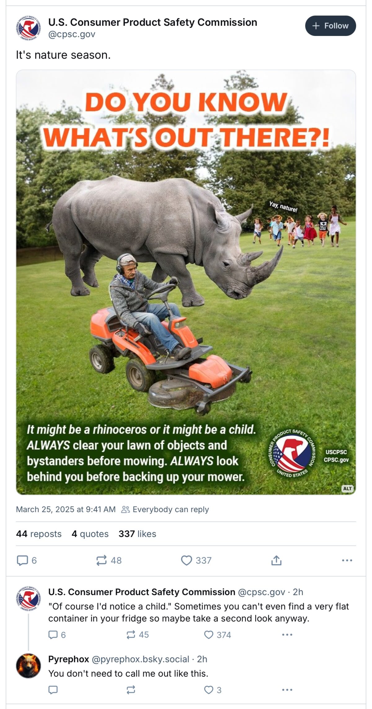 A screenshot of the US Consumer Product Safety Commission's BlueSky Account talking about riding lawn mower safety